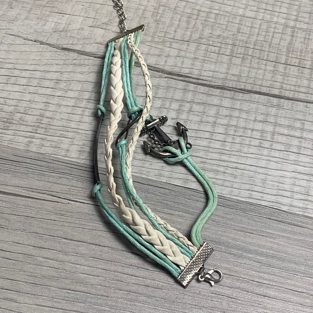 Nautical Anchor Infinity Quote Wrap Bracelet Teal White Braided 5317